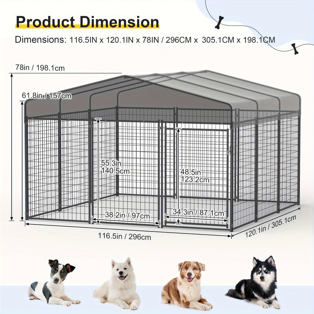 Outdoor Dog Run Enclosure with Roof Cover, Heavy-Duty Steel Mesh Kennel with Lockable Door and Ground Pegs, Four Size Options for Backyard and Farm