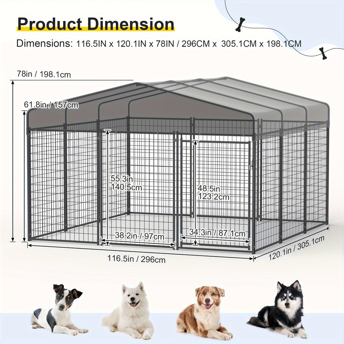 Outdoor Dog Run Enclosure with Roof Cover, Heavy-Duty Steel Mesh Kennel with Lockable Door and Ground Pegs, Four Size Options for Backyard and Farm