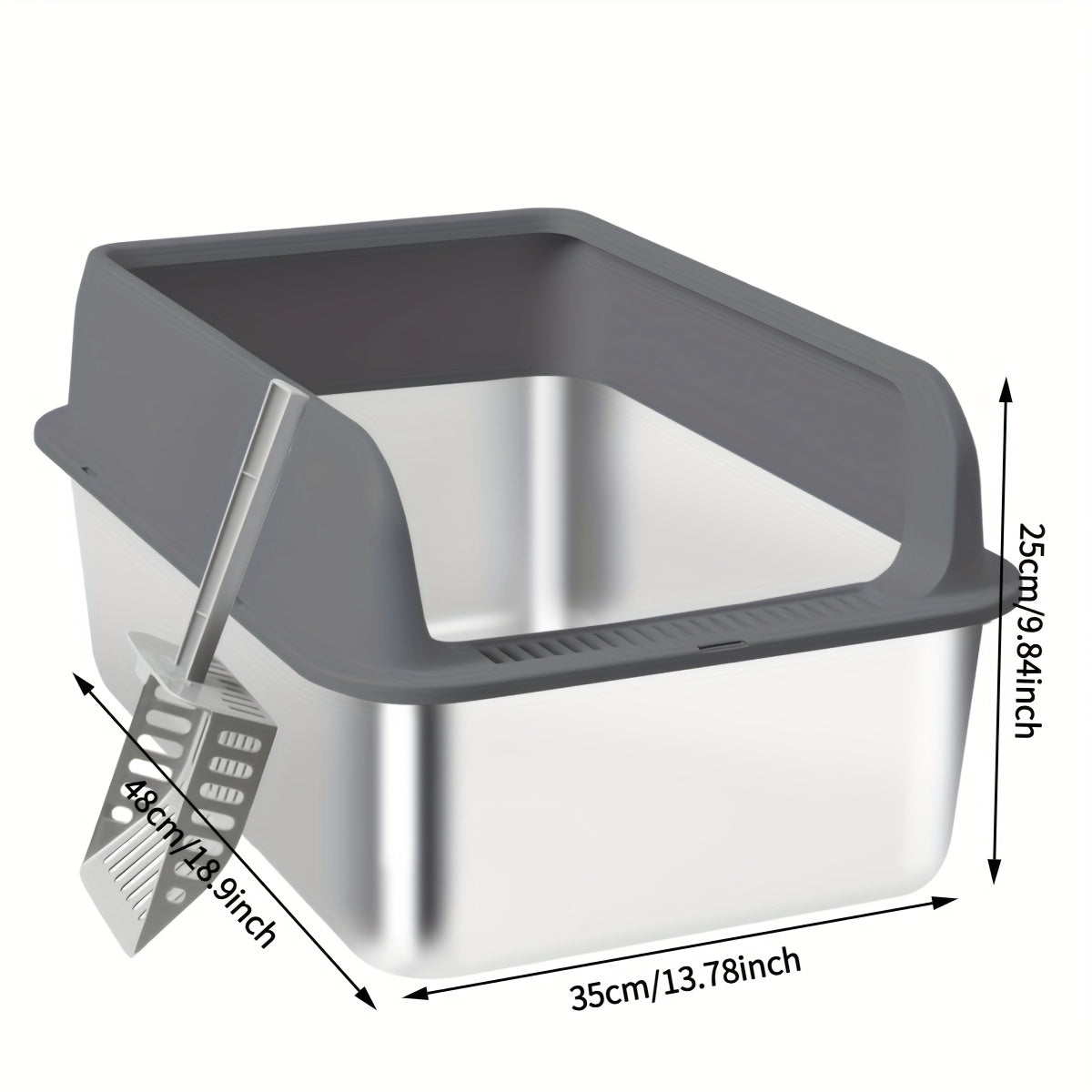 Stainless Steel Sifting Litter Box with High Sides and Buckle-Secured Lid, Pellet Cat Litter Pan with Scoop and Anti-Slip Stickers for Indoor Cats