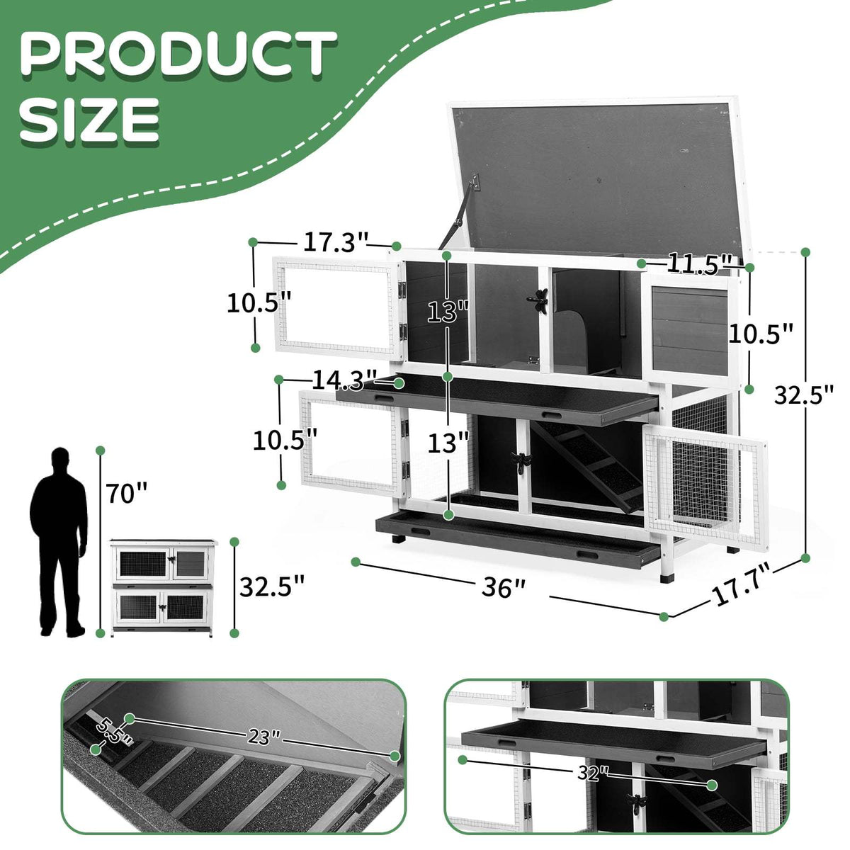 Wooden Rabbit Hutch with Ramp and Run, Gray 35.8 Inch Bunny House with Separate Resting Area, Wire Enclosure and Sloped Roof for Pet Care