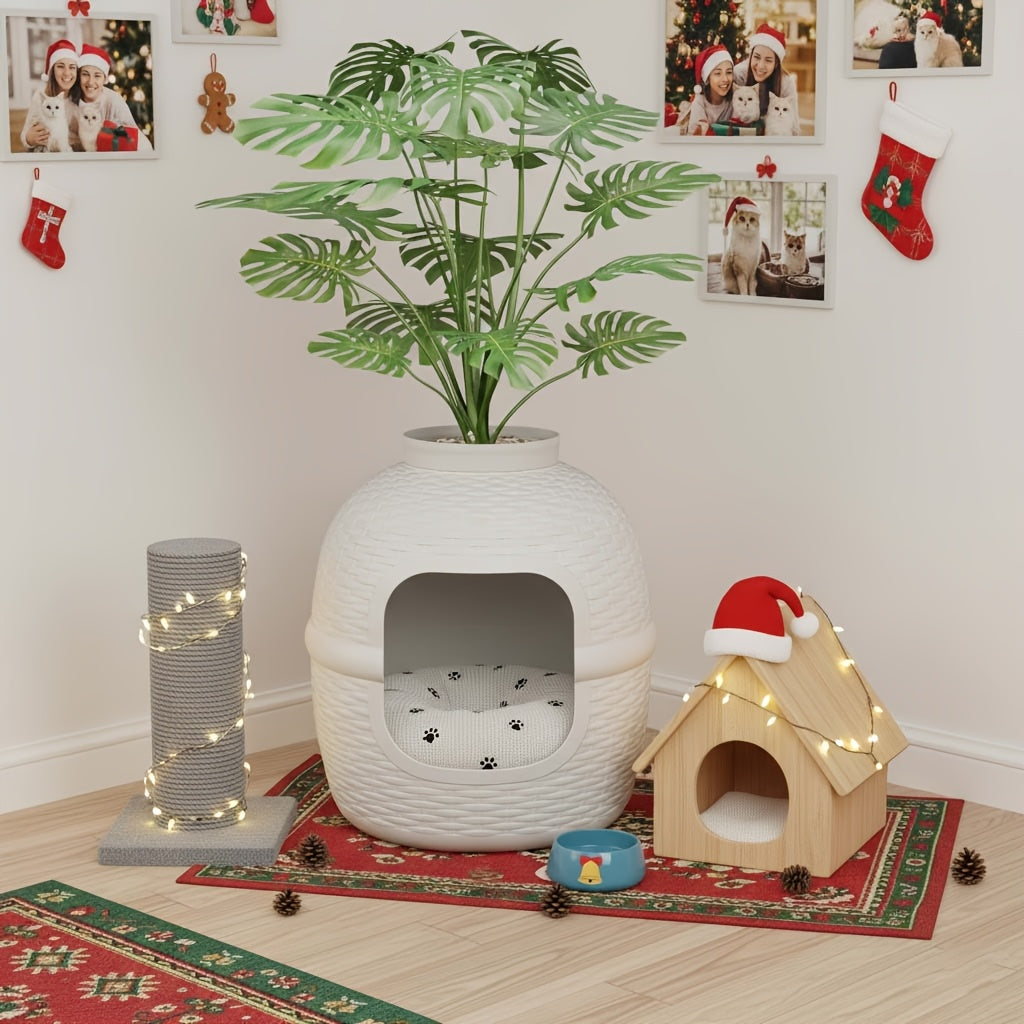 Hidden Litter Box with Plant and Rattan Pattern, Waterproof PP Cat Litter Furniture for Indoor Homes, Easy Assembly and Cleaning, Brown or OW