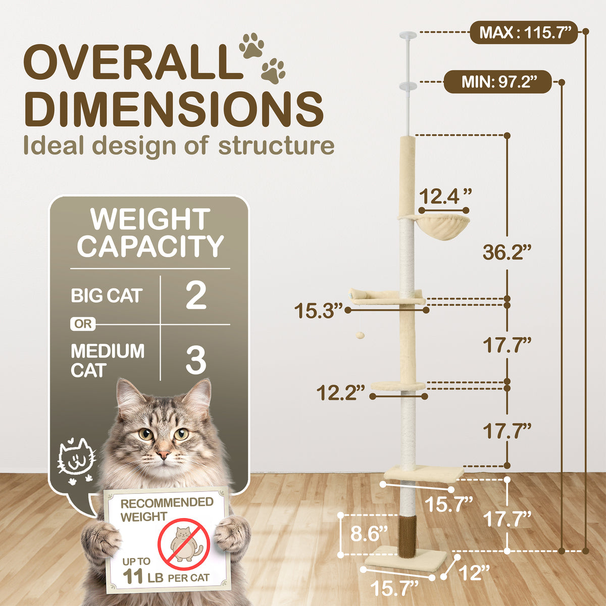 Floor to Ceiling Cat Tree with Hammock, Adjustable Cactus Cat Tower with Sisal Scratching Post, Faux-Fur Platforms and Interactive Playball for Indoor Cats