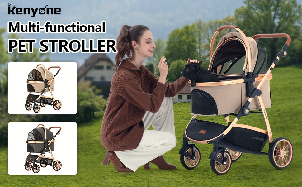 Dog Stroller with Detachable Carrier, Foldable Aluminum Pet Pushchair with No-Zip Entry, Rubber Wheels and Washable Liner for Small Dogs and Cats