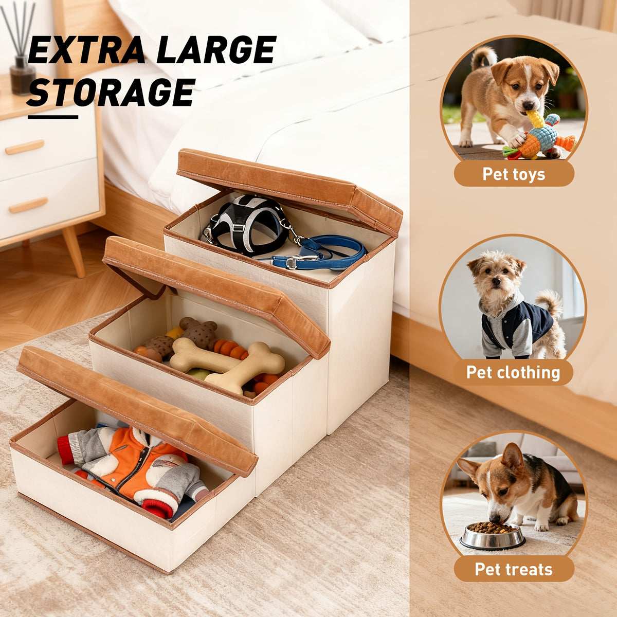 Foldable Dog Stairs with Storage Ottoman Design, Soft Cushioned Non-Slip Pet Steps for Bed and Couch, 3/4-Step Styles with Chicken Leg Plush Toy