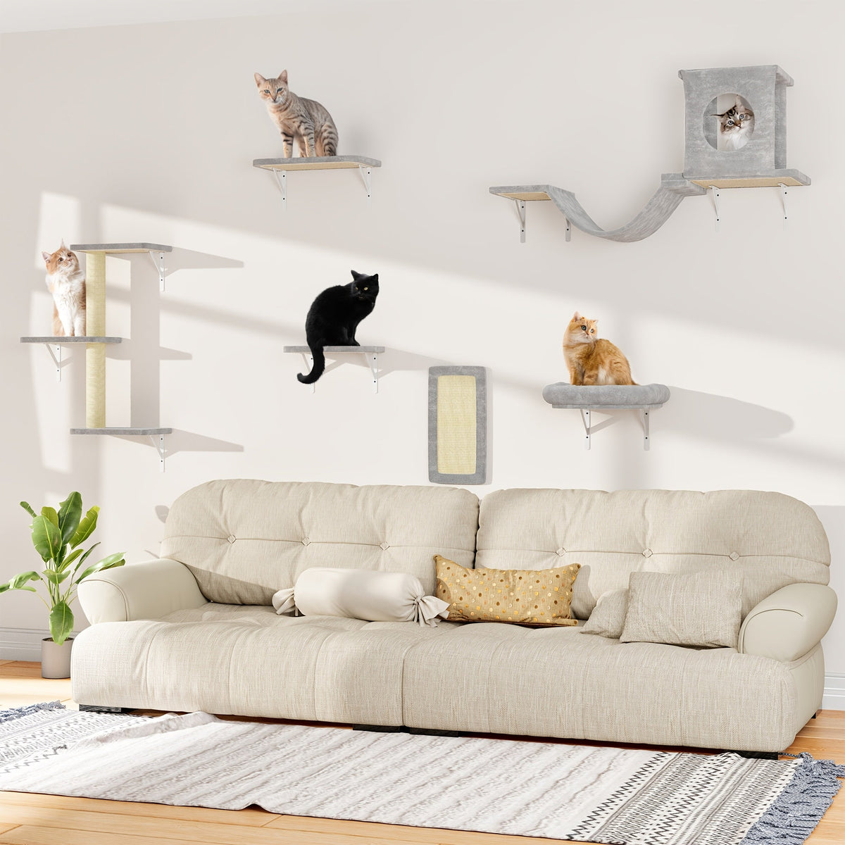 Cat Wall Furniture 7-Piece Set with House, Bridge, Hammock and Scratching Board, Wall-Mounted Climbing Shelves for Indoor Cats in Black or Grey