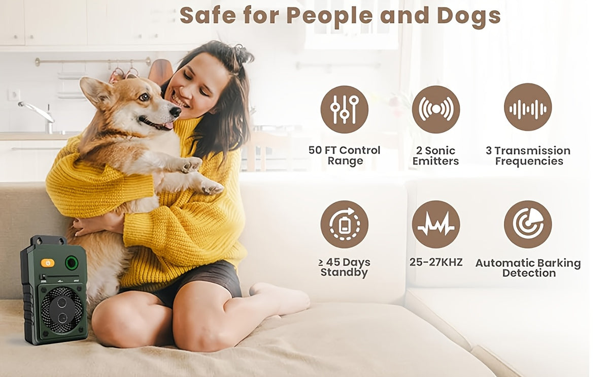 Ultrasonic Bark Box with Dual Sonic Emitters, Rechargeable Dog Bark Control Device with 3 Modes and Listed 50ft Range for Supervised Use