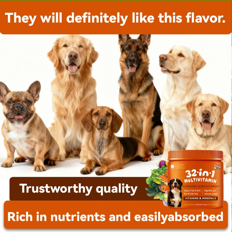 Dog Multivitamin Soft Chews 90 Count per Can, Chicken Flavor 32-in-1 Formula with Omega-3, Probiotics and Glucosamine, One or Two Can Options