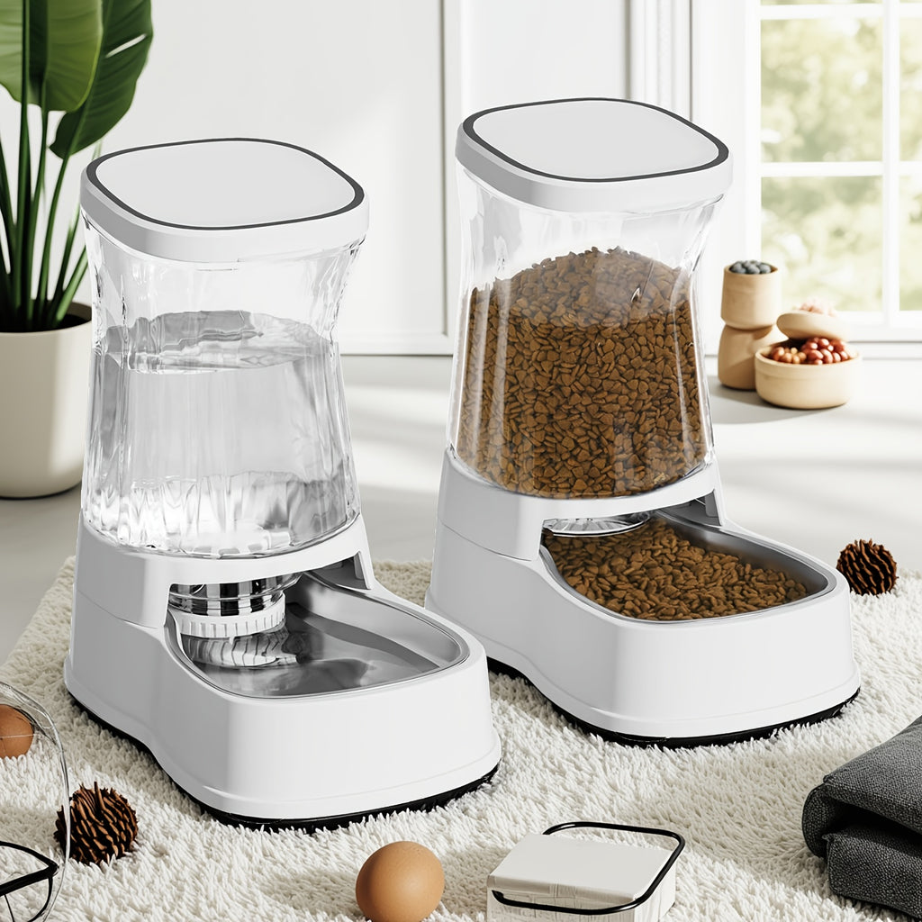 Dog Feeder and Water Dispenser Set, 2 x 1 Gallon Gravity-Fed Containers with Stainless Steel Bowls and Filter for Cats and Small to Medium Dogs