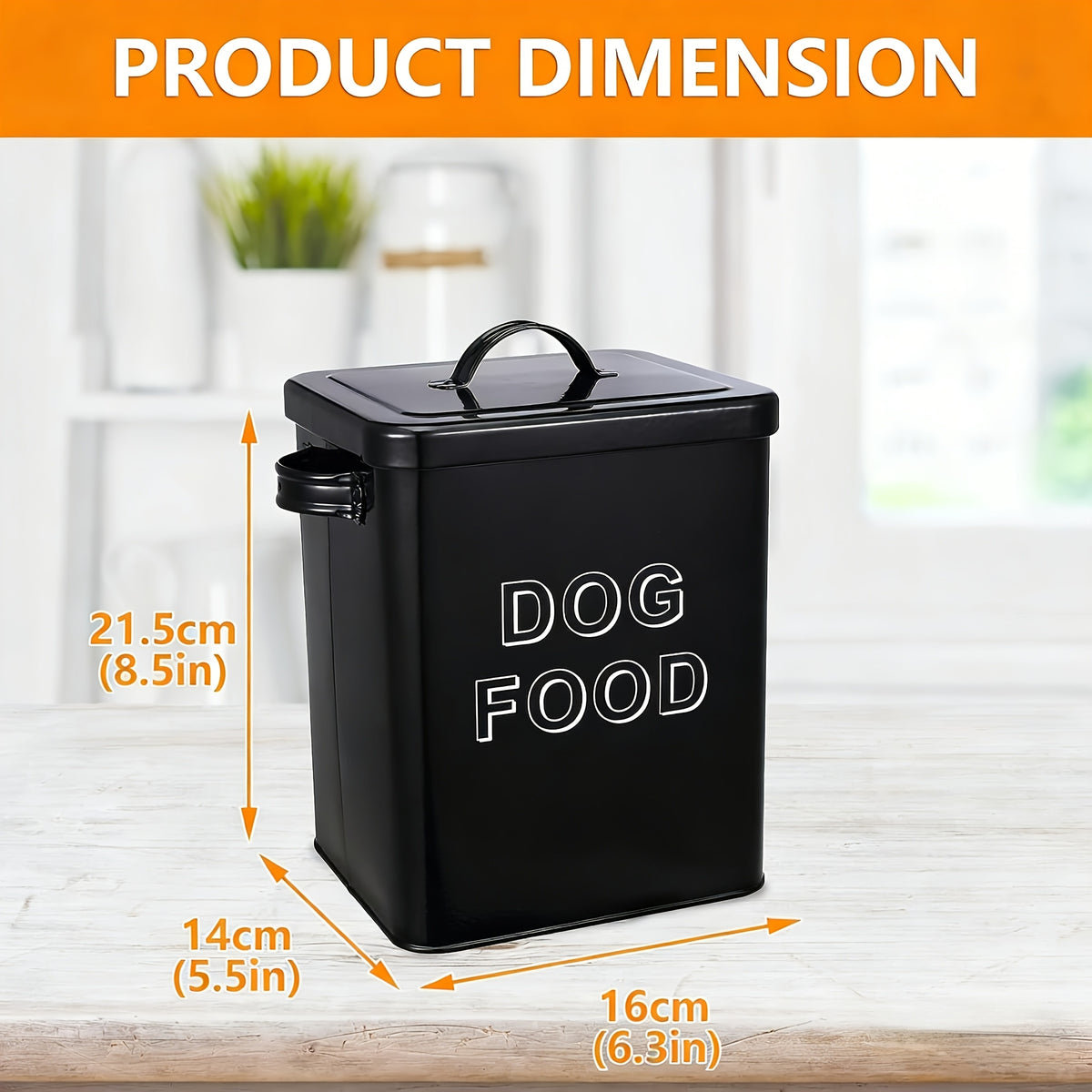 Dog Food Storage Canister with Scoop and Lid, Square Metal Farmhouse Container for Dry Pet Food, Treats and Kitchen Countertop Organization