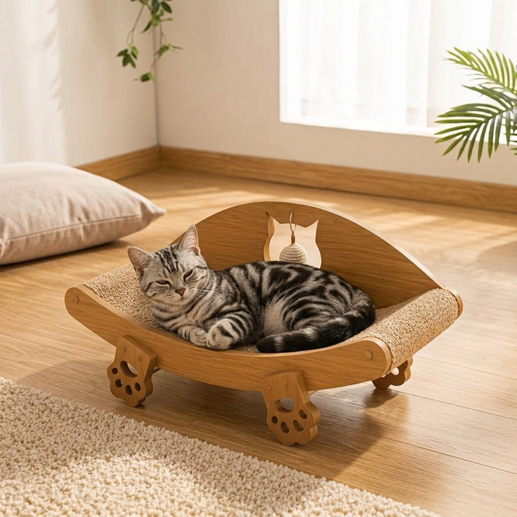 Sisal Cat Scratcher Bed with Solid Wood Frame, Curved Indoor Cat Lounge Chair and Scratching Pad with Hanging Toy for Rest and Play