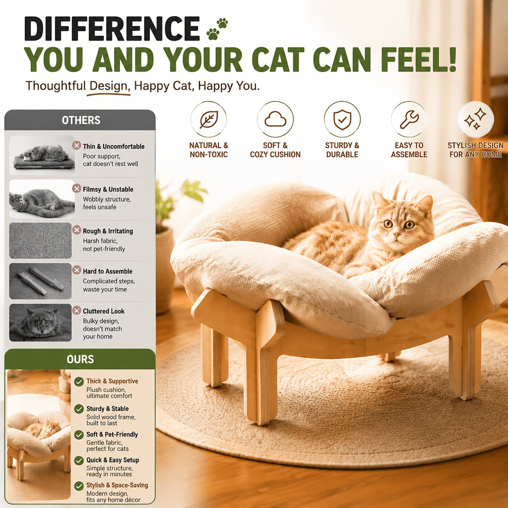 Elevated Cat Bed with Heart-Shaped Wooden Frame and Soft Cushion, Raised Indoor Pet Sofa for Cats and Small Dogs in Pink, Apricot or Light Blue
