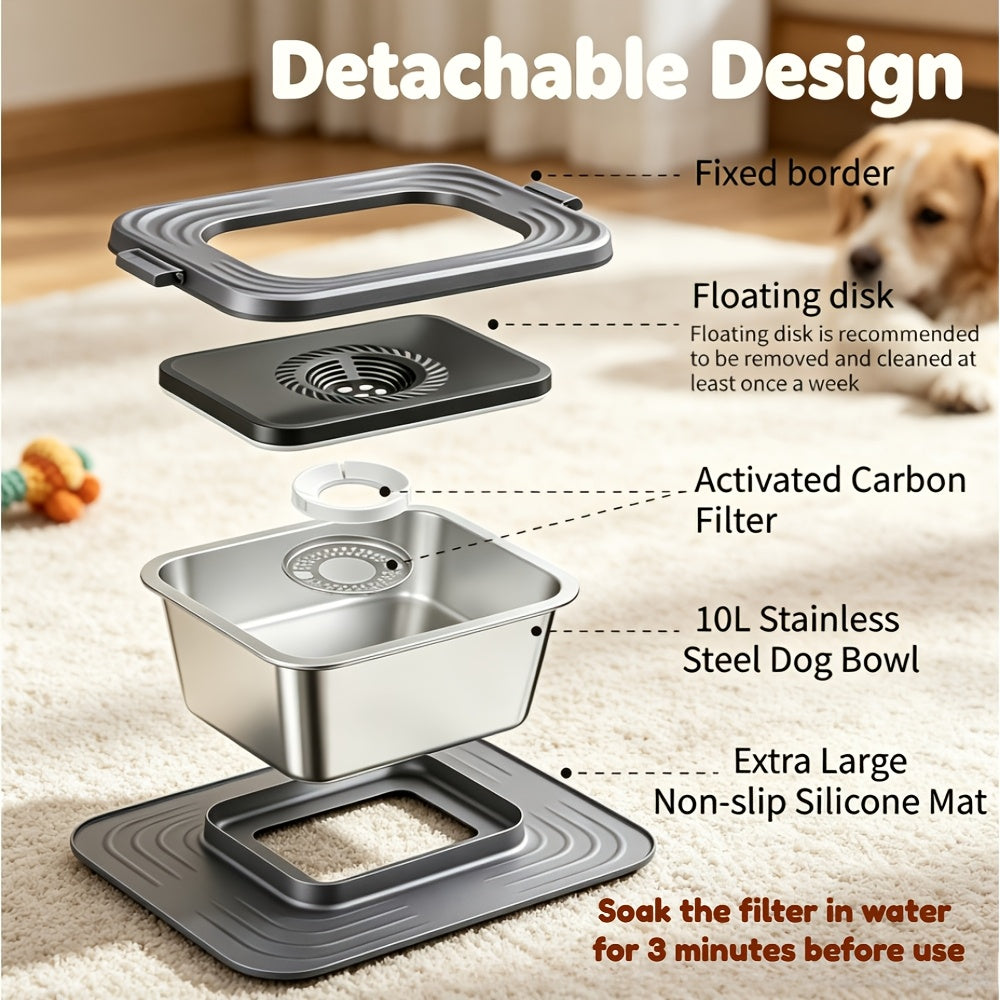 No Spill Dog Water Bowl, 2.64 Gallon Stainless Steel Slow Water Feeder with XXL Mat for Large Dogs and Multiple Pets, Non-Slip Indoor Outdoor Design