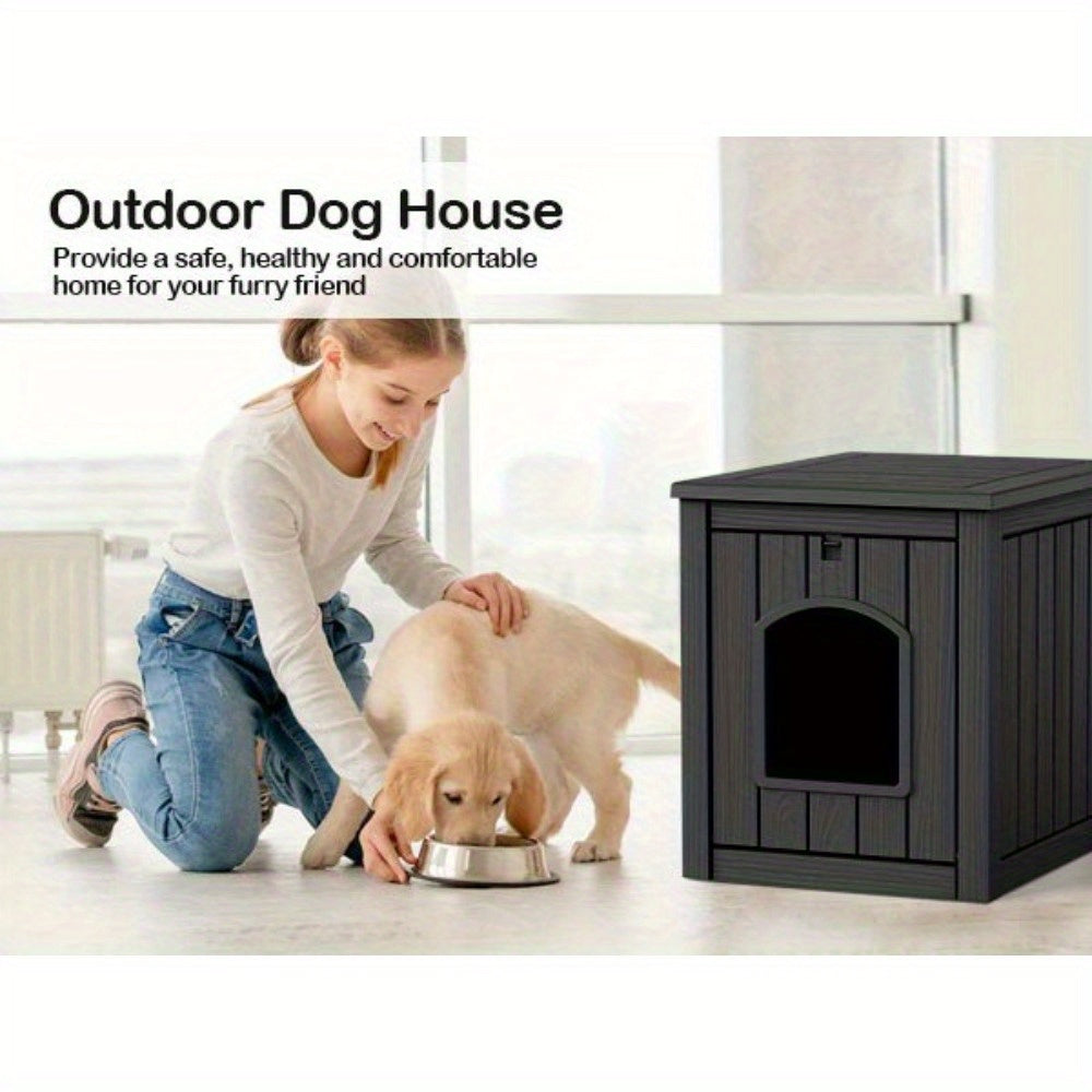 Pet House with Ventilation Windows, Easy-Assemble Resin Resting Shelter in Black or Light Brown for Indoor and Sheltered Outdoor Placement