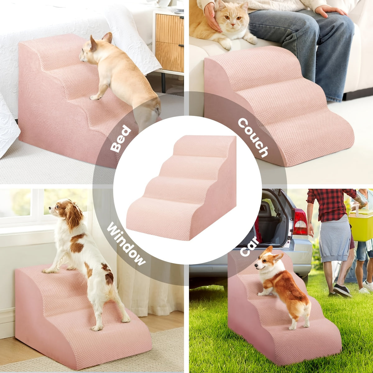 Memory Foam Dog Steps with Washable Cover, 2-Step Pet Stairs with Non-Slip Bottom and Textured Surface for Sofa and Bed Access, Brown or Camel