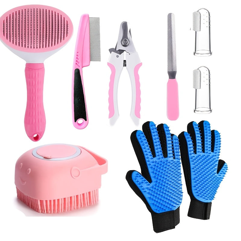 Dog Grooming Tool Set with Self-Cleaning Slicker Brush, Nail Clippers, Comb, Bath Brush and Finger Toothbrushes for At-Home Dog and Cat Care