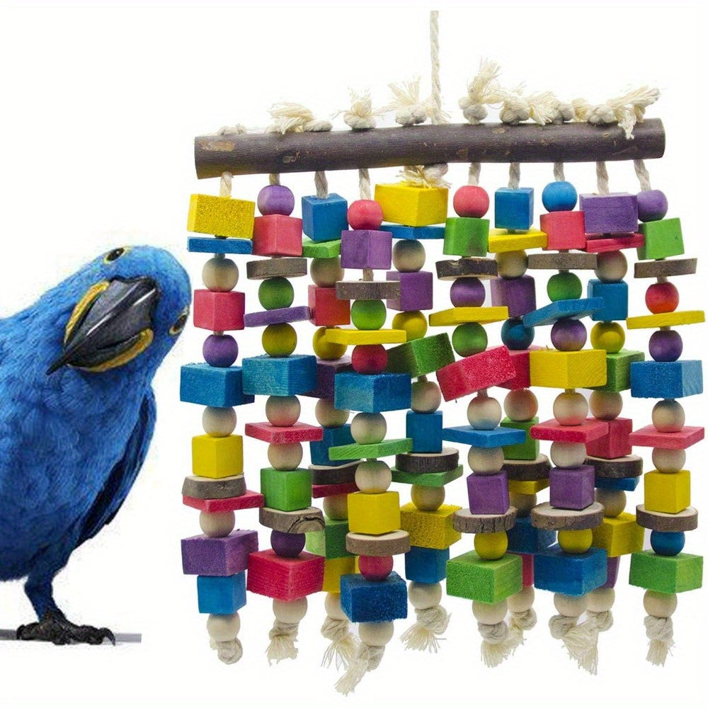 Hanging Parrot Chew Toy with Multicolored Wooden Blocks, 15.74 x 9.84 Inch Bird Cage Enrichment for Macaws, Cockatoos and African Greys