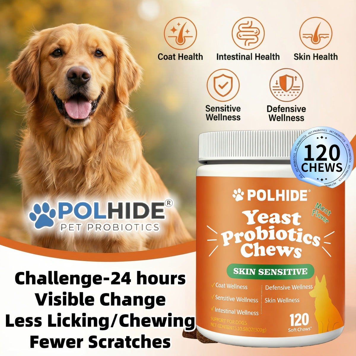 Meat Flavor Dog Probiotic Soft Chews, 120 Count Yeast Probiotic Supplement with Coat and Intestinal Care Labeling for Canine Wellness Routines