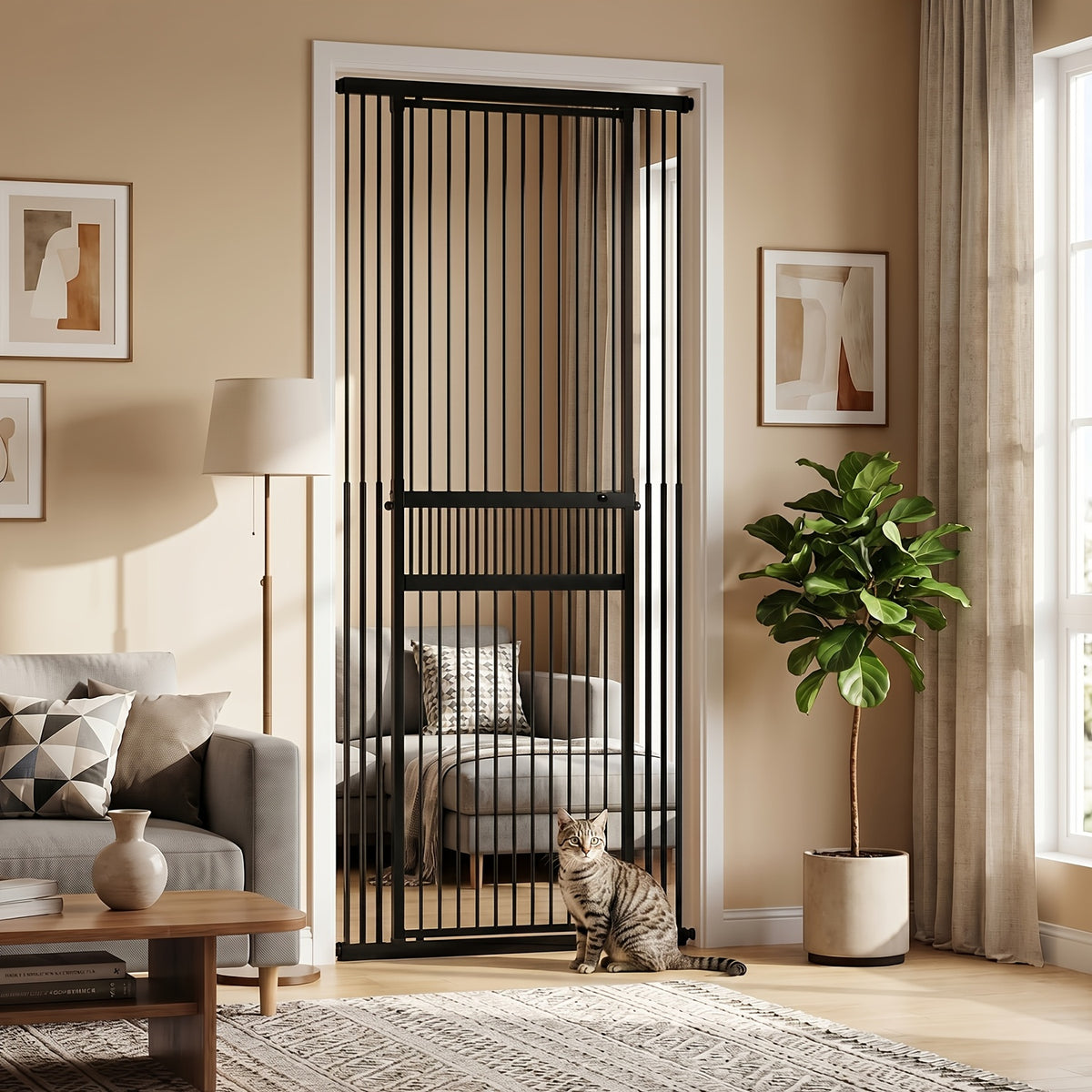 Extra Tall Cat Gate 49–86 Inch Adjustable Height, Pressure-Mounted Pet Barrier for Doorways and Hallways, Black or White Dog Gate