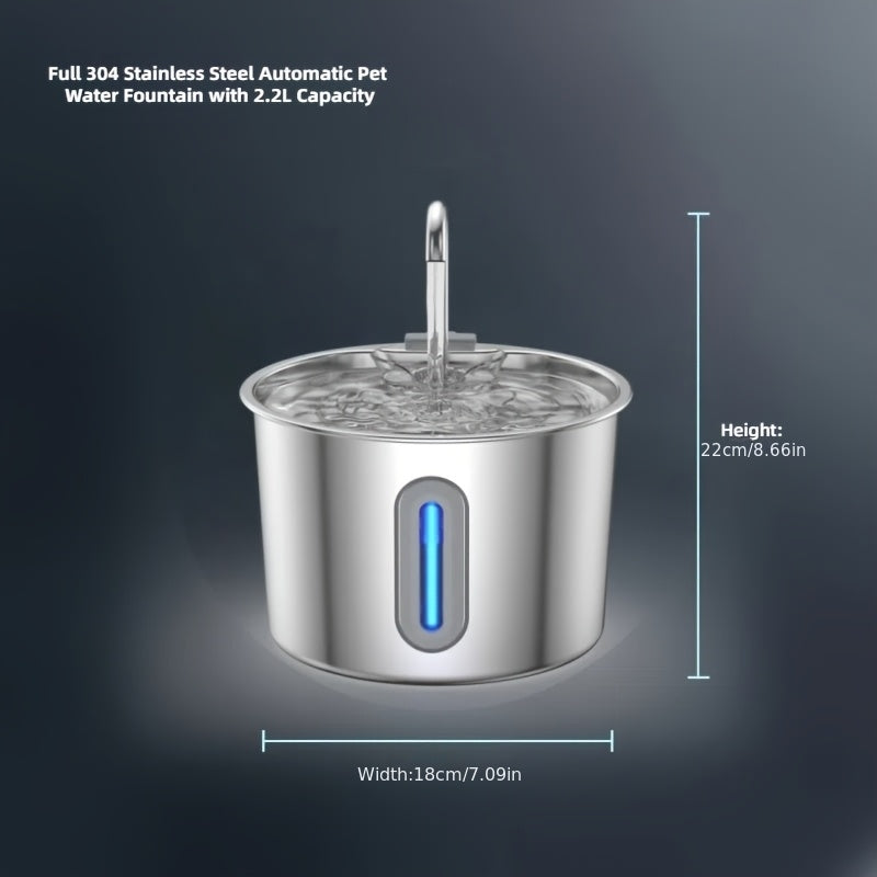 Cat Water Fountain 74 oz 2.2L with Stainless Steel Design, Quiet Automatic Pet Drinking Dispenser and Separate Filter Cartridge or Bundle Options