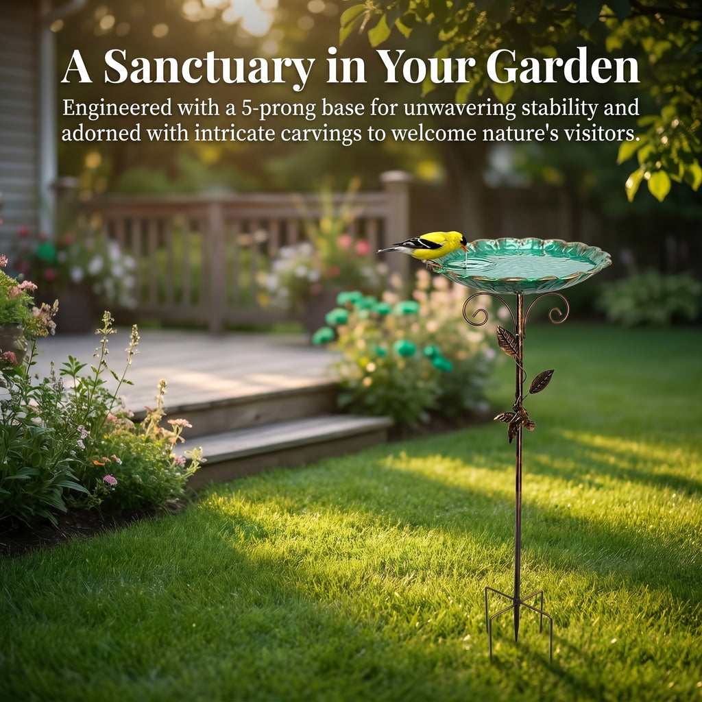 Metal Bird Bath with Bird and Leaf Decoration, 30-Inch Tall Outdoor Garden Water Basin for Yard and Patio Decor, Easy Installation and Cleaning