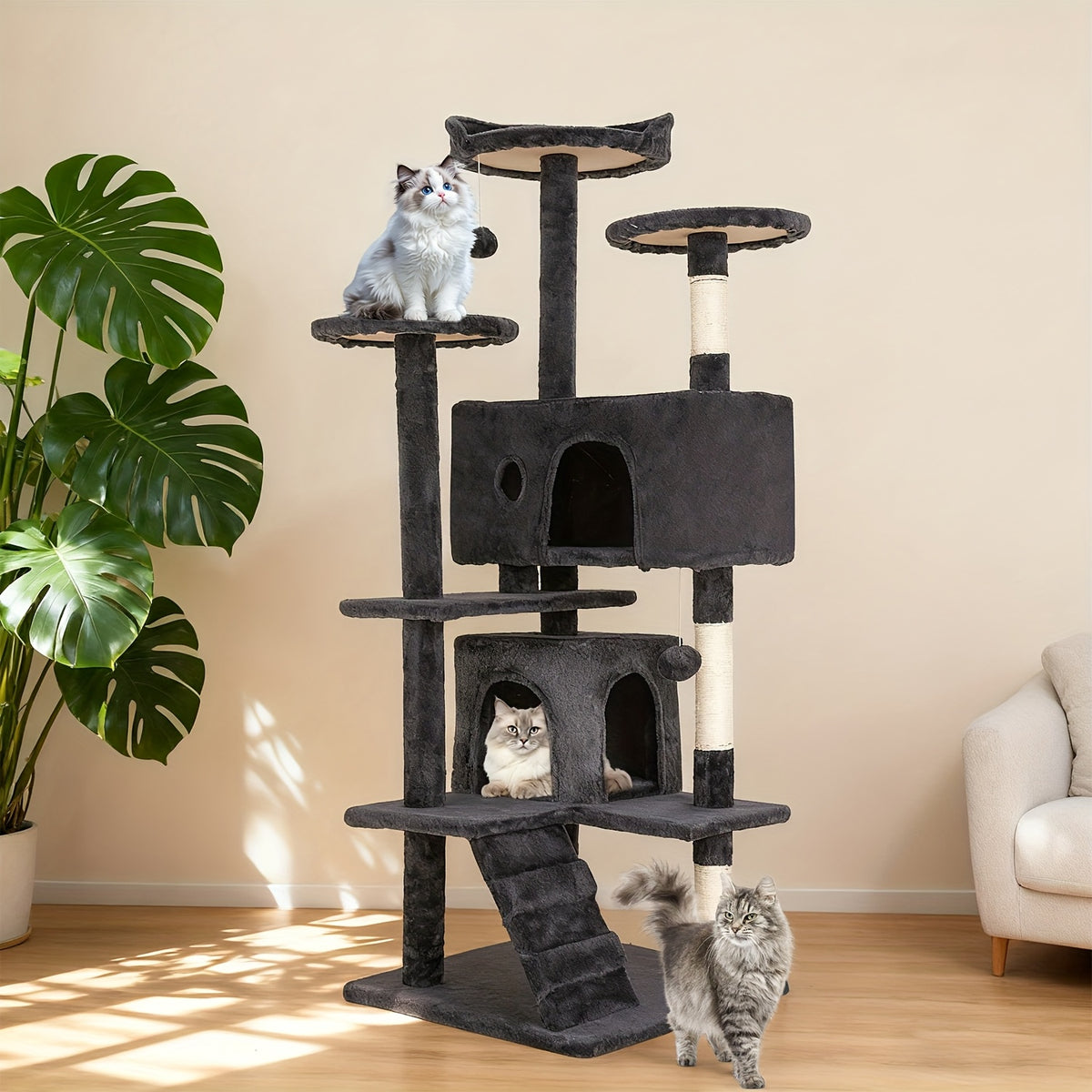 Cat Tree Activity Center for Indoor Cats, Multi-Level Climbing Tower with Scratching Posts, Perches and Condo Hideaways, 36-80 Inch Height Options