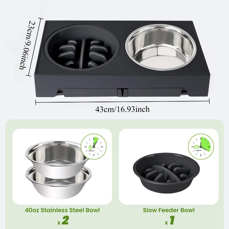 Adjustable Raised Dog Bowl Set with 5 Height Settings, 2 Stainless Steel Bowls and 1 Slow Feeder for Small to Large Dogs, Black or Gray