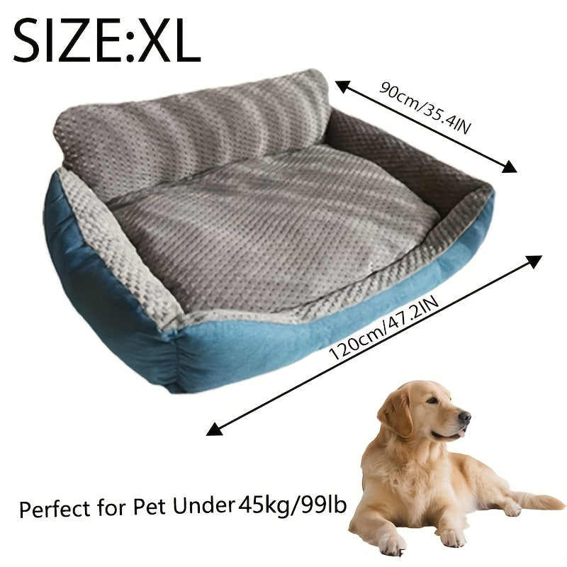 High Back Dog Sofa Bed with Plush Textured Cushion, Blue and Gray Bolster Pet Couch in Four Sizes for Small to Large Dogs and Cozy Indoor Rest