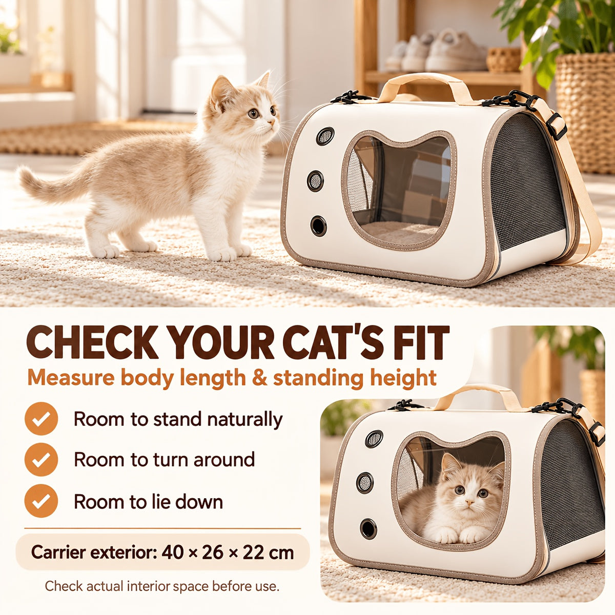 Cat Carrier with Cat-Face Viewing Window, Foldable Pet Travel Bag with Mesh Ventilation and Adjustable Shoulder Strap for Kittens and Small Dogs