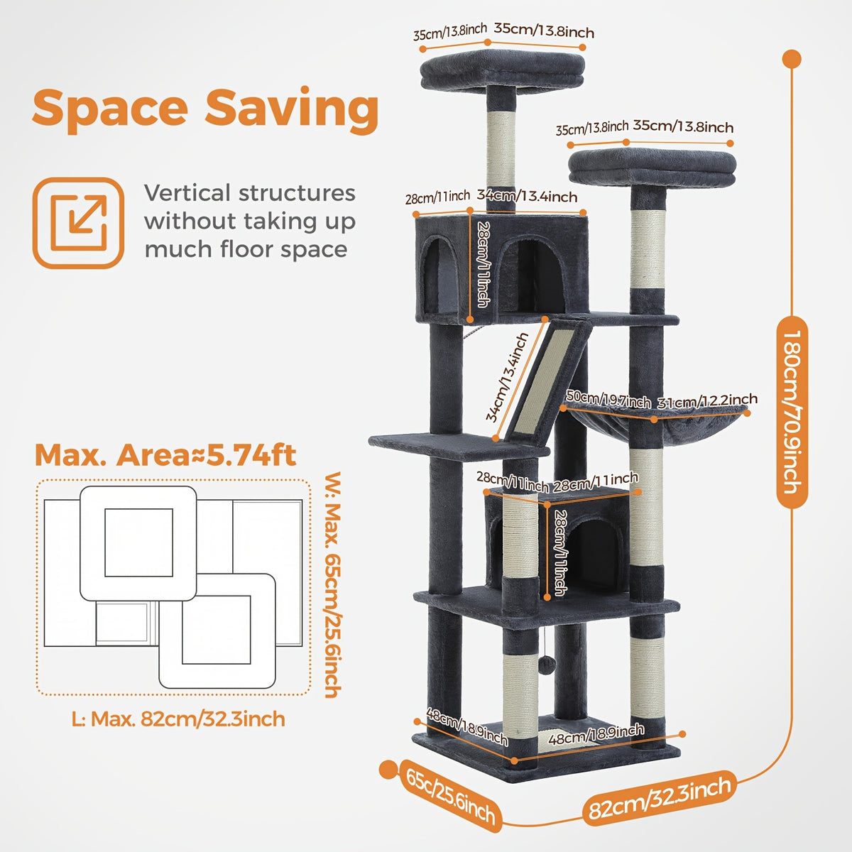 Metal Frame Cat Tree, 70.9 or 45.7 Inch Multi-Level Indoor Cat Tower with Plush Perch, Hammock, Condo Hideaway and Sisal Scratching Posts, Six Colors