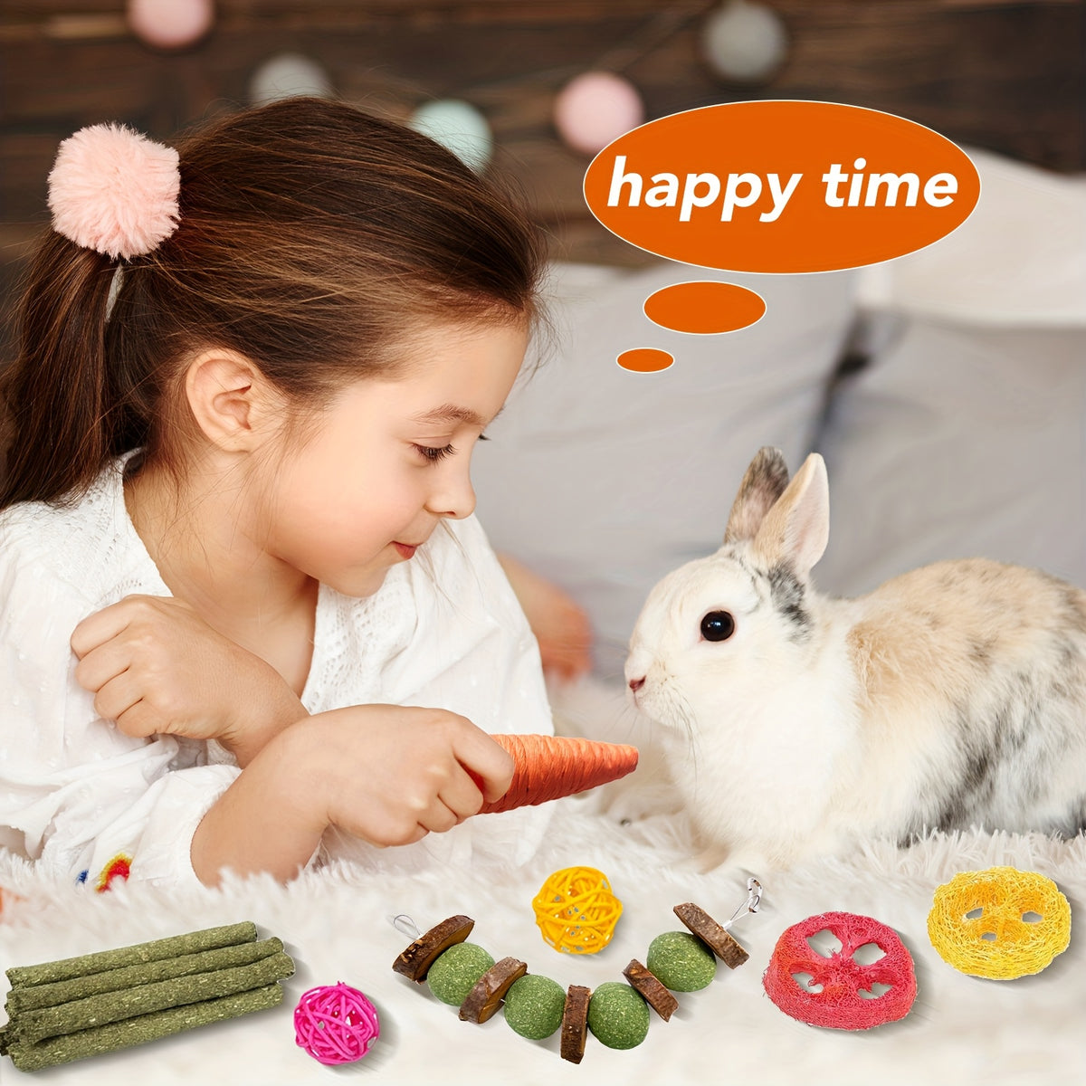 Rabbit Chew Toy Variety Set, 21 Pieces with Timothy Hay Lollipops, Grass Cakes, Hay Sticks, Carrot Shapes and Loofah Balls for Small Pet Enrichment