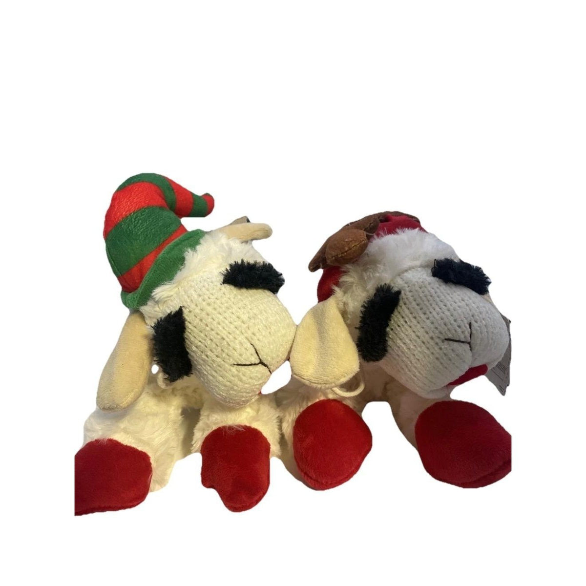 Lamb Chop Christmas Dog Toys 2 Pack, 11 Inch Plush Squeaker Set with Gingerbread Detail and Striped Holiday Hat for Supervised Gentle Indoor Play
