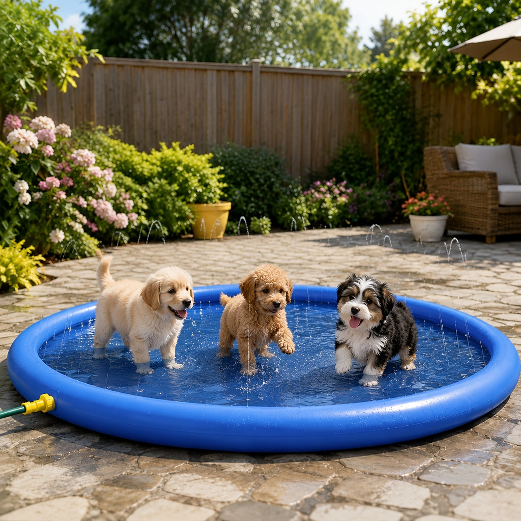 Dog Splash Pad Water Spray Mat, 39.37-Inch Round Foldable Blue Pet Play Mat for Supervised Summer Backyard Fun and Small Dog Bathing
