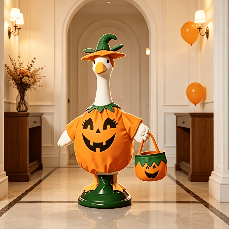 Porch Goose Pumpkin Costume for 23-Inch Decorative Goose, 3-Piece Halloween Outfit with Hat and Pumpkin Tote Bag for Fall Entryway Decor