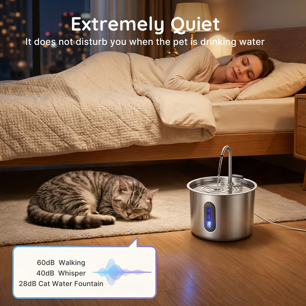 Cat Water Fountain with Filter and Sponge Bundles, 74oz 2.2L Stainless Steel Drinking Dispenser with Water Level Window for Indoor Cats and Small Dogs