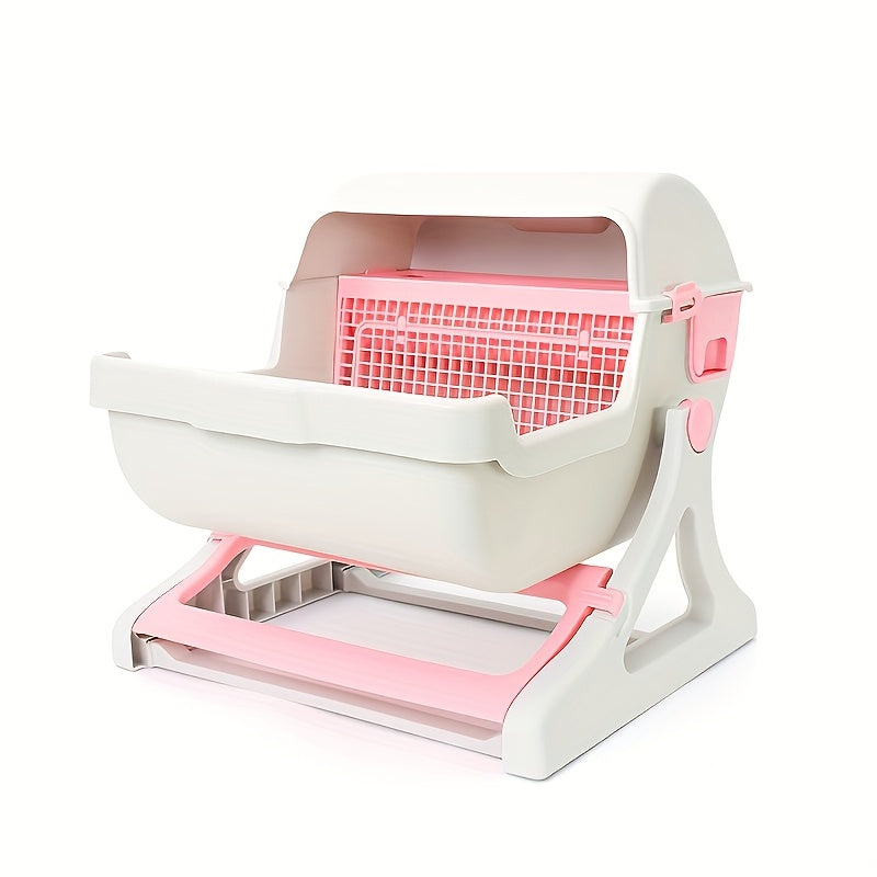 Cat Litter Box with Removable Grid, Rectangular Indoor Cat Pan in Beige or Pink for Everyday Pet Waste Management and Convenient Routine Cleaning