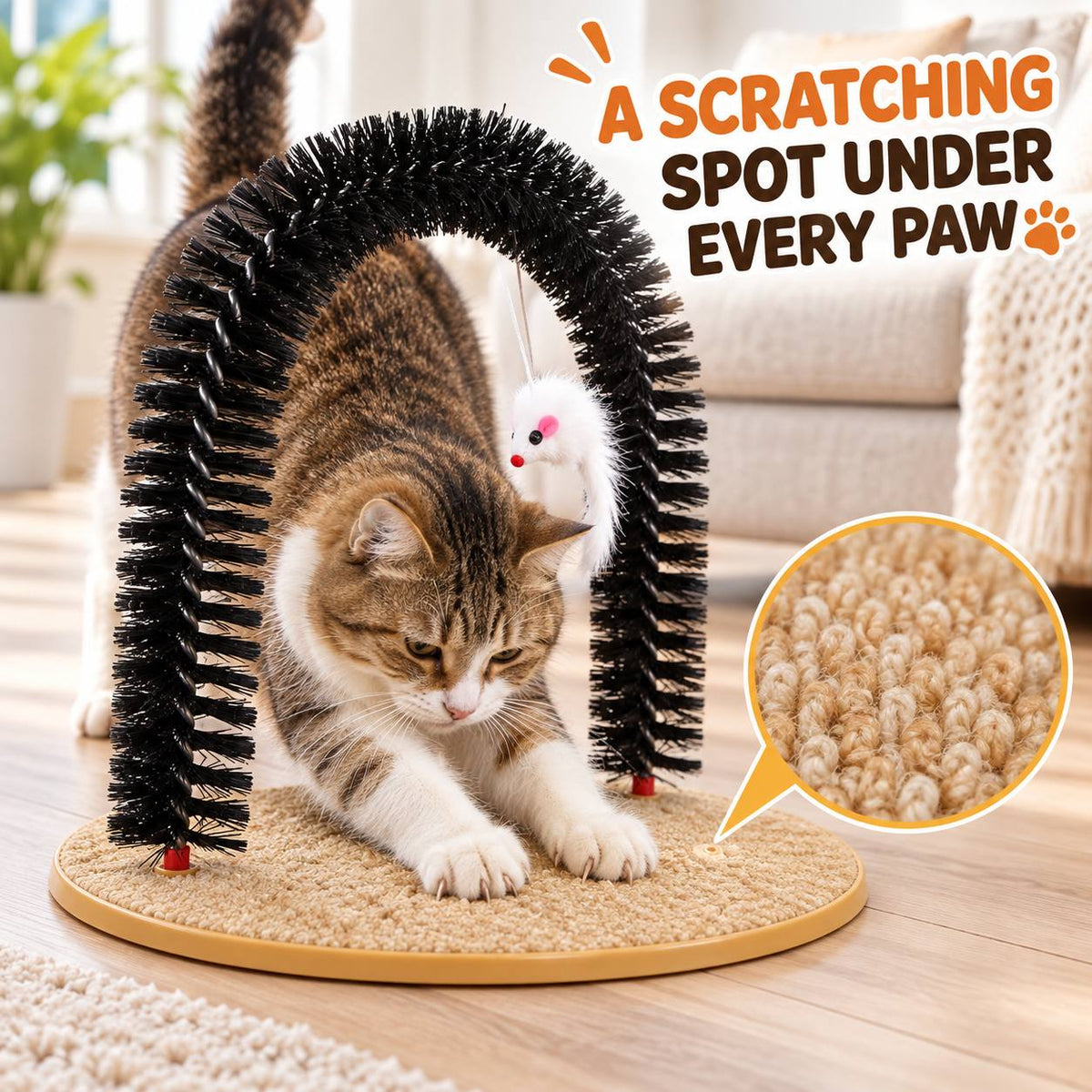 Cat Self Grooming Arch 3-in-1 Activity Station for Rubbing, Scratching and Play, Everyday Cat Enrichment Spot for Home Grooming Routines