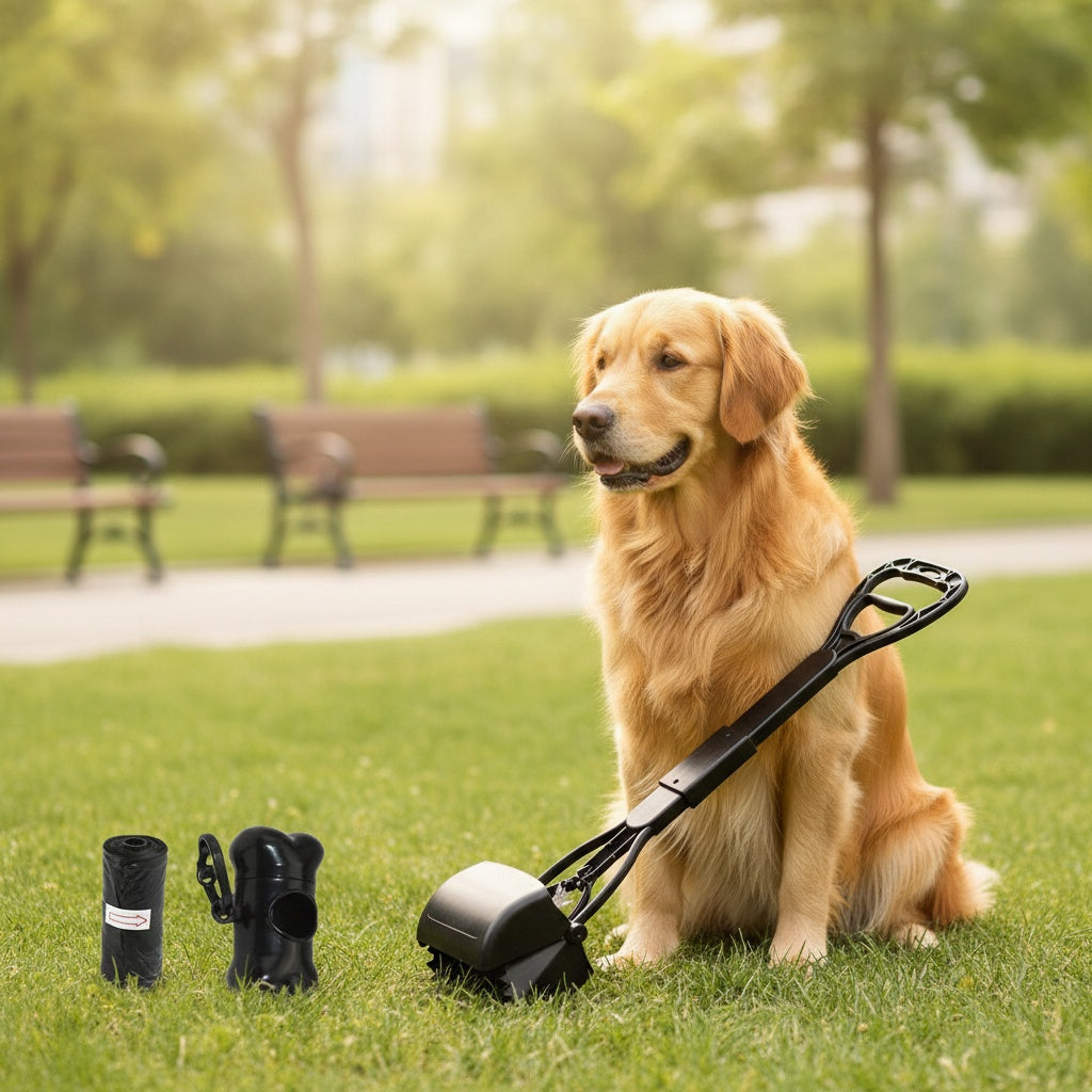 Dog Poop Scooper with Foldable Long Handle, Three-Piece Black Pet Waste Shovel with Ergonomic Grip and Straight Edge for Indoor and Outdoor Cleanup