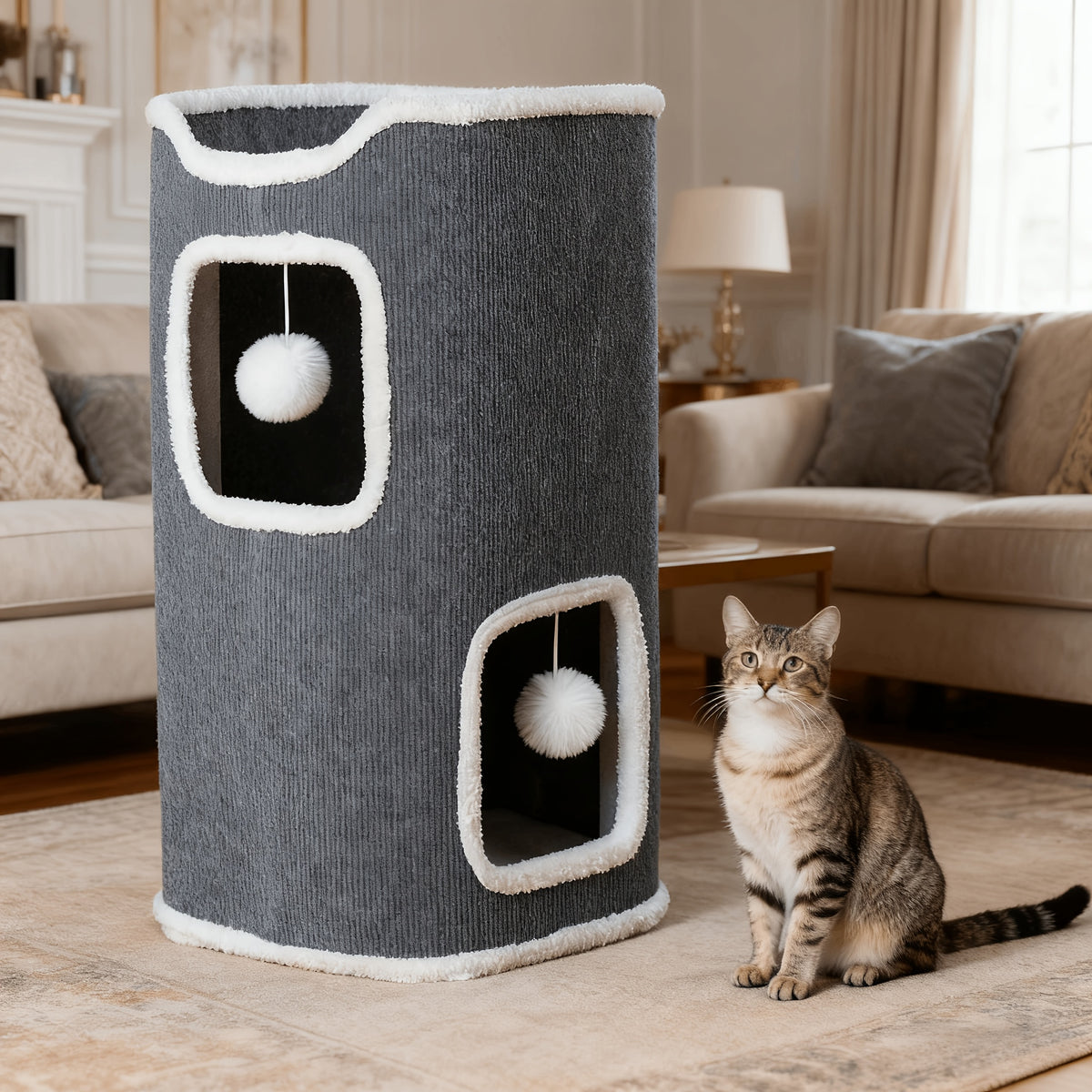 Cat Tree with Three-Layer Foldable Tower, Indoor Cat Condo with Cozy Top Bed, Hanging Ball Toys and Scratch-Resistant Surface for Small Spaces