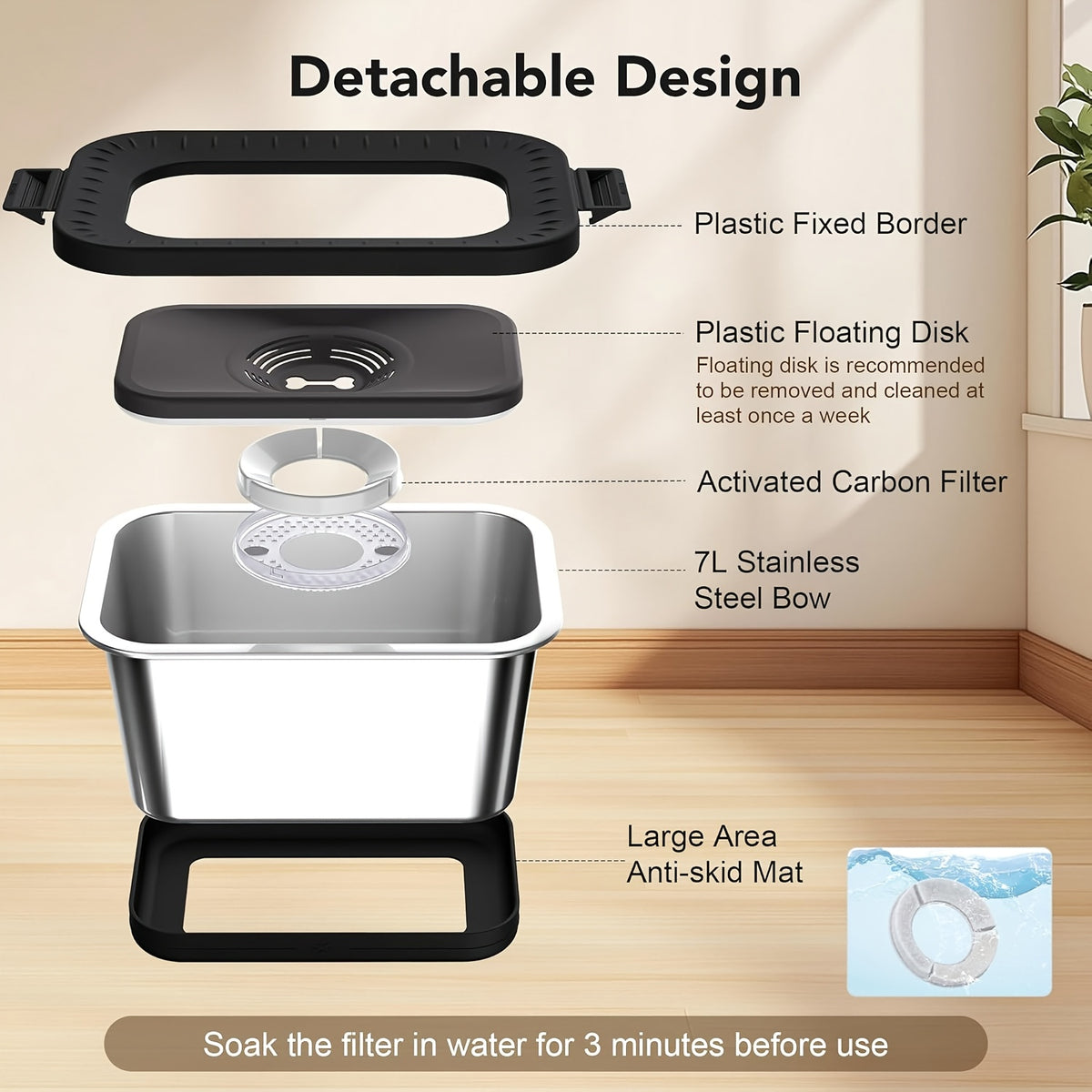 Splash-Reducing Dog Water Bowl 7L, Stainless Steel Slow Drinking Design for Messy Drinkers and Indoor Outdoor Pet Watering, Filter Pack Options