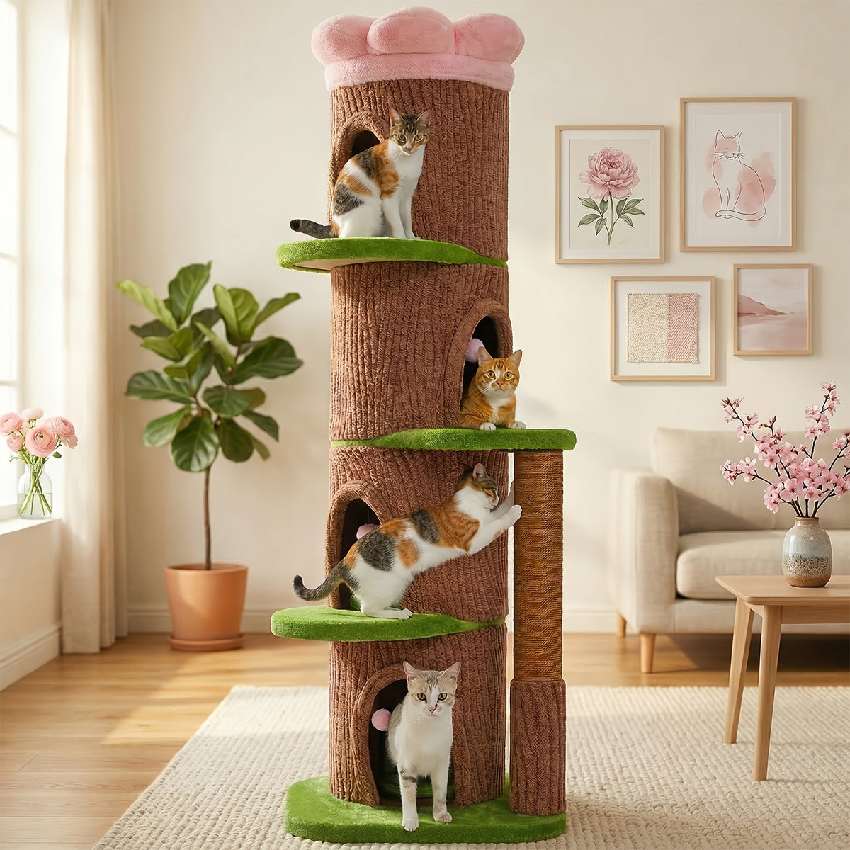 Forest Cat Tree Tower with Flower Top Perch, Indoor Climbing and Resting Furniture in 35.8, 56.3 or 68.5 Inch Height and Color Options