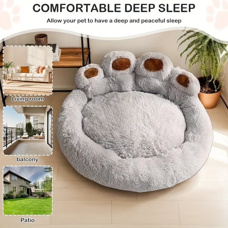 Bear Paw Pet Sofa Bed for Dogs and Cats, Soft Faux Plush Sleeping Nest with Raised Edges in Pink, Grey or Hazelnut, Four Sizes from 55 to 85 cm