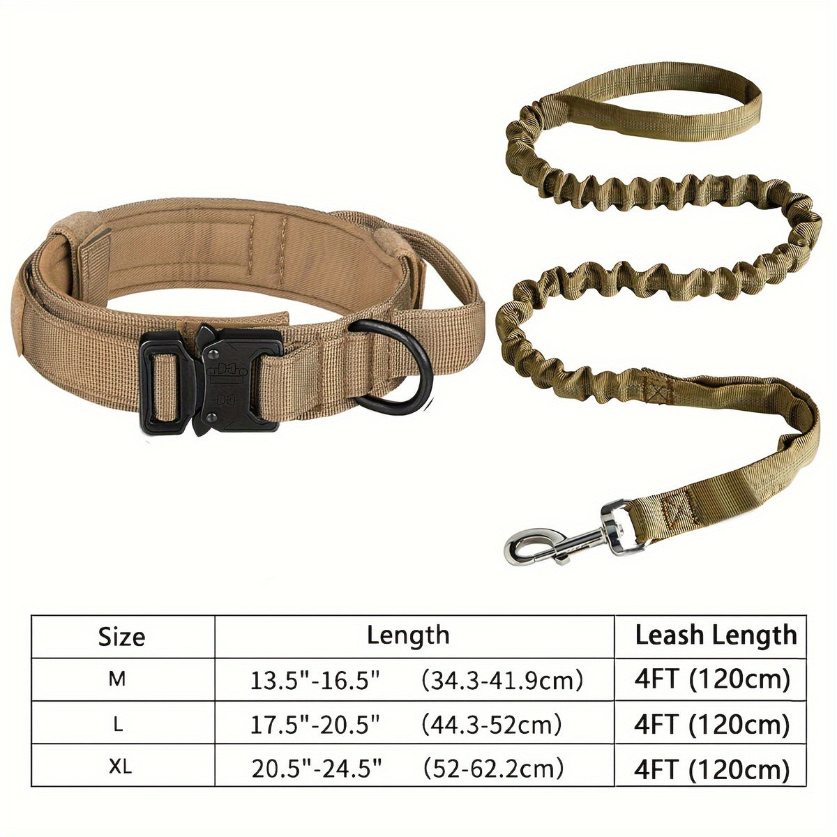 Dog Collar and Leash Set, Adjustable Tactical Polyester Collar with Metal Buckle and D-Ring for Daily Walks and Training, Black or Khaki, M L XL