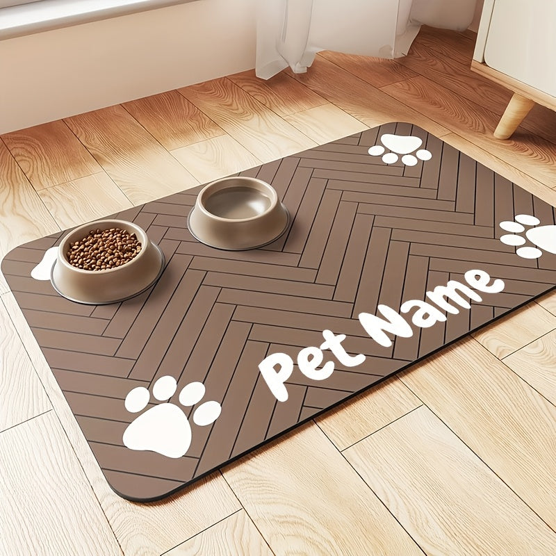 Paw Print Pet Feeding Mat, Light Gray 11.81 x 15.75 Inch Absorbent Non-Slip Bowl Pad with Herringbone Design for Dog and Cat Food and Water Stations