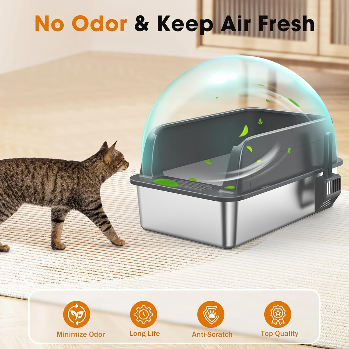 Stainless Steel Litter Box 2 Pack with High-Sided Open-Top Covers and Scoops, Easy-Clean Metal Cat Litter Pans in L or XL for Indoor Cat Care