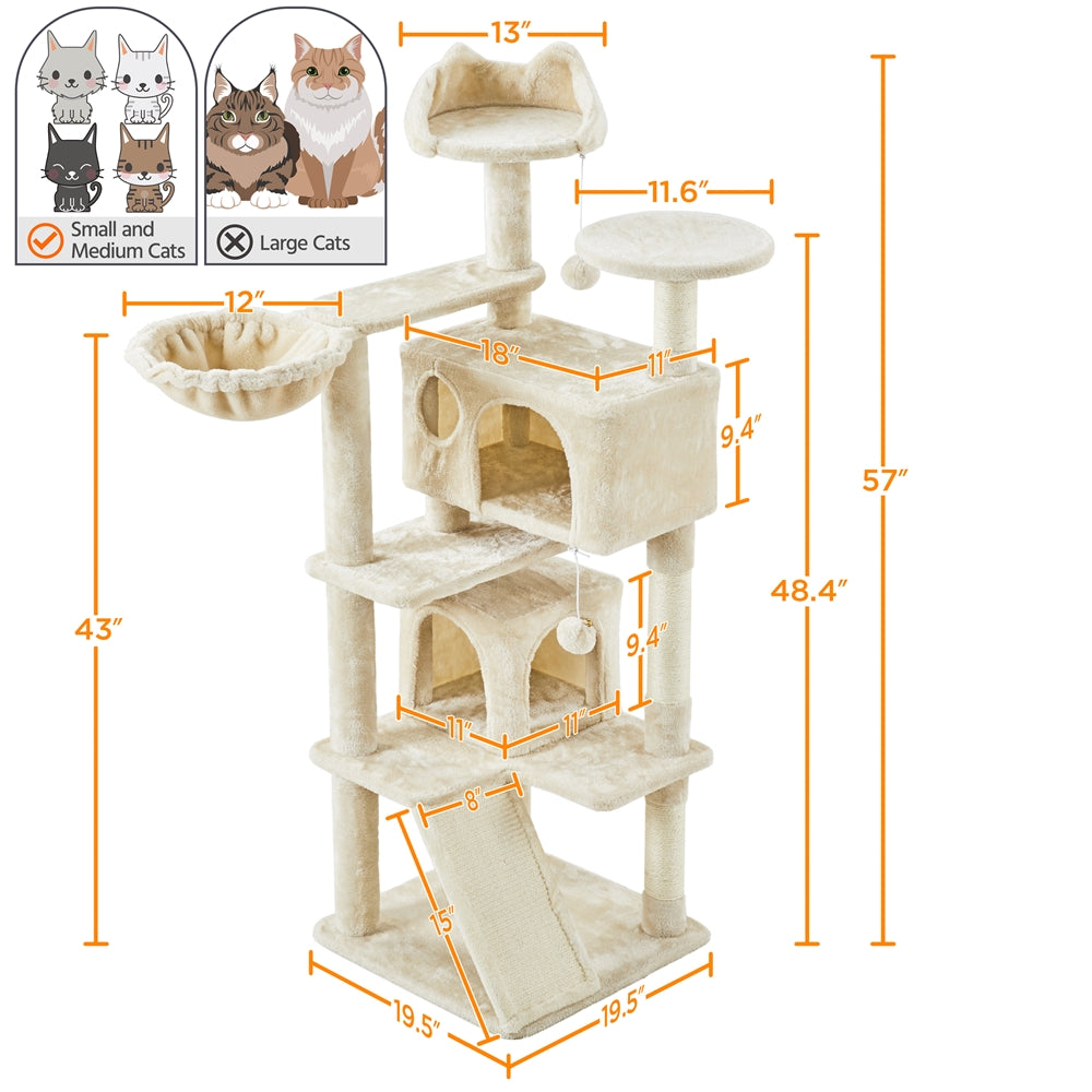 Cat Tree 57 Inch with Two Condos, Plush Multi-Level Indoor Kitten Tower with Round Platform, Ladder and Dangling Ball for Small Cats