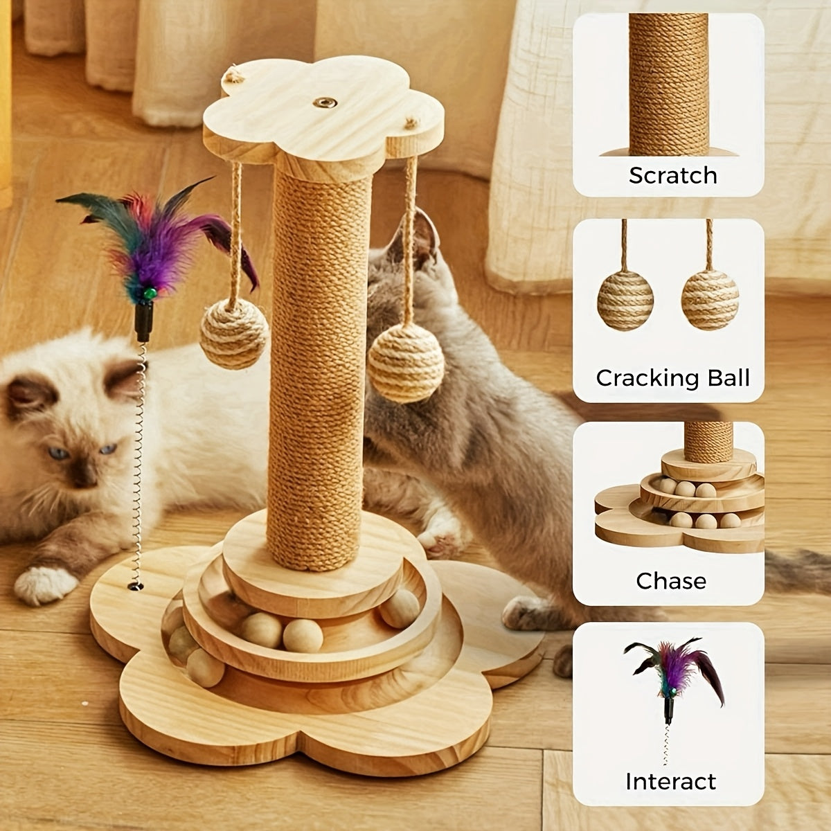 Wooden Cat Scratching Post for Indoor Cats, Mushroom and Dolphin Style Choices, Gray Velvet Scratcher and Separate Sisal Column Option