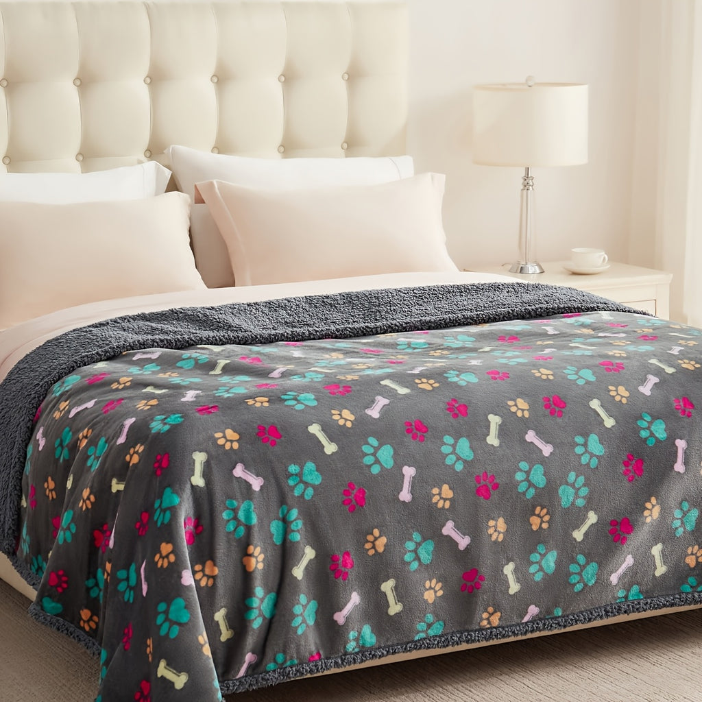 Gray Pattern Dog Blanket for Couch and Bed, Soft Fluffy Reversible Washable Pet Furniture Cover with Bone or Paw Designs and Multiple Size Options
