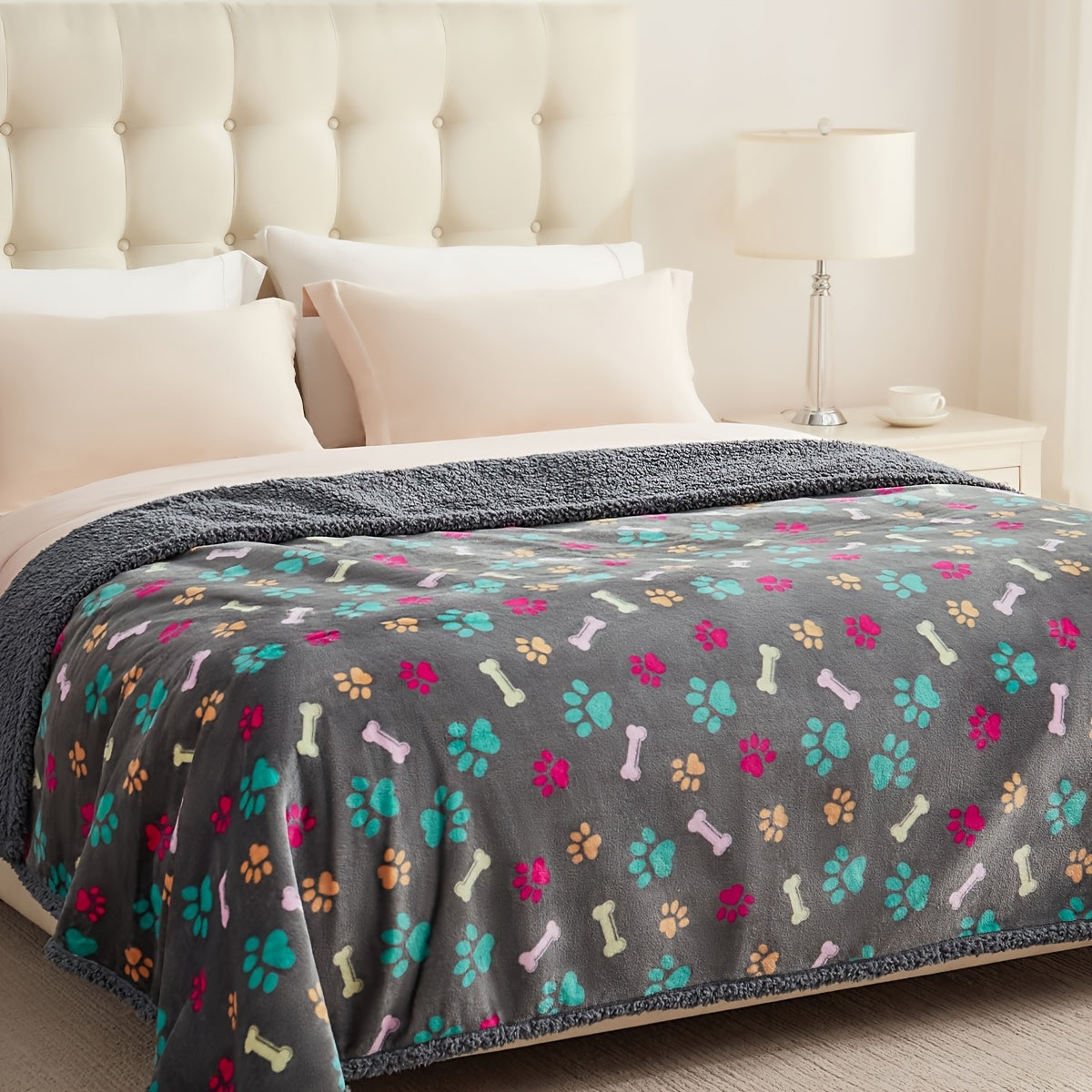 Gray Pattern Dog Blanket for Couch and Bed, Soft Fluffy Reversible Washable Pet Furniture Cover with Bone or Paw Designs and Multiple Size Options