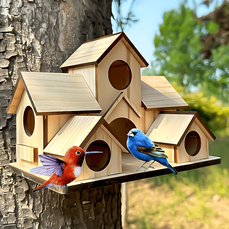 Rustic Outdoor Birdhouse in Dark Brown, Wooden Country Cottage Design with Multiple Entry Openings and Pitched Roofs for Garden and Yard Decor