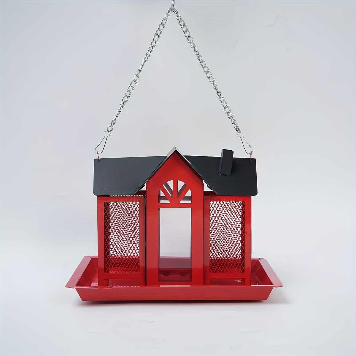 Metal Mesh Wild Bird Feeder with Triple Feeding Areas, Large Capacity Backyard Feeding Station with Black Roof and White or Red Wall Options